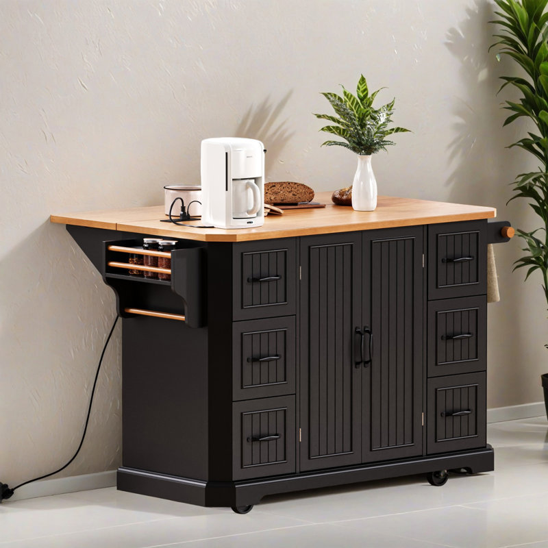 55.52" Kitchen Island with Drop Leaf, Power Outlet, Embossed Vertical Stripe Rolling Kitchen Cart with Drawers for Kitchen, Dining Room