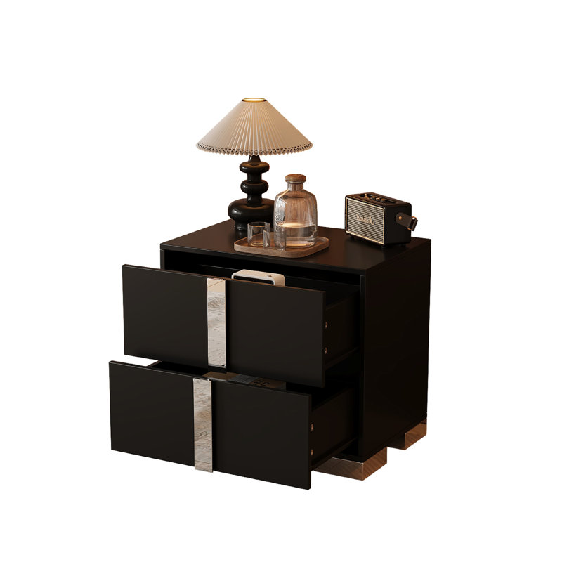 Mirrored Bedside Table, 2 Drawers, Black Finish, And Metal Foot, Comfortable Sleeping Space Nightstand With Construction, Simple Lines, Living Room Bedroom Use