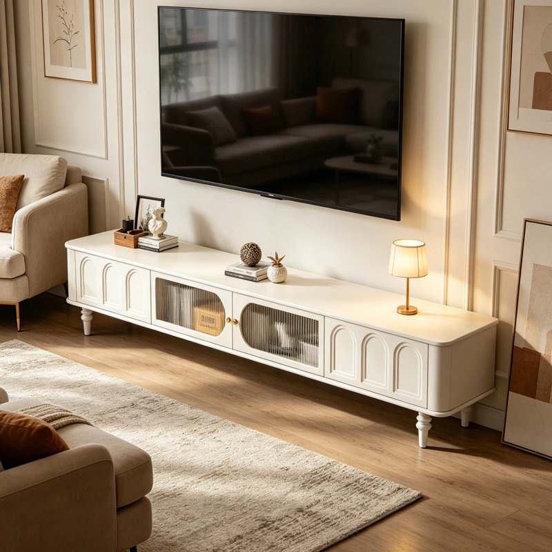 Console télé de style rétro avec rangement, H 18,11 po x L 70,86 po x l 15,74 po, Blanc