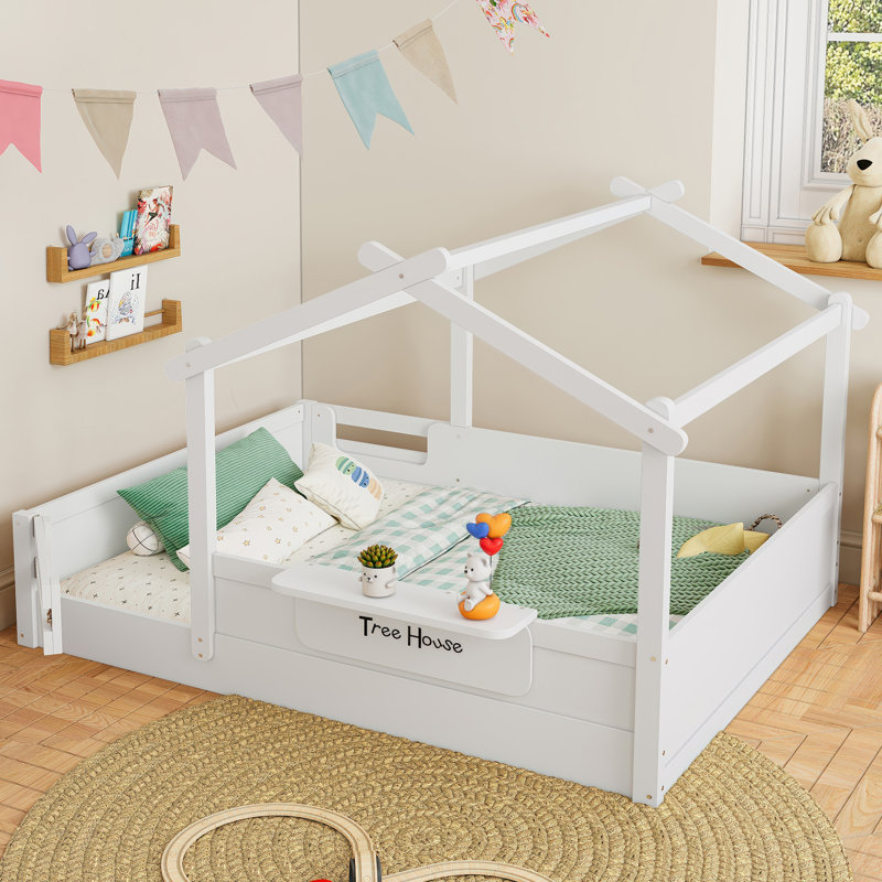 Lit double pleine grandeur avec garde-corps et toit, lit pour enfant avec petit plateau intégré et enseigne à installation gratuite, conception enfantine, blanc