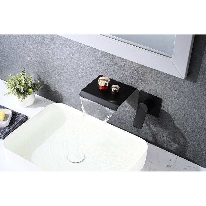Wall Mounted Stainless Steel Bathroom Faucet - Waterfall Matte Black Modern Single Handle Water Flow Sink With Controller