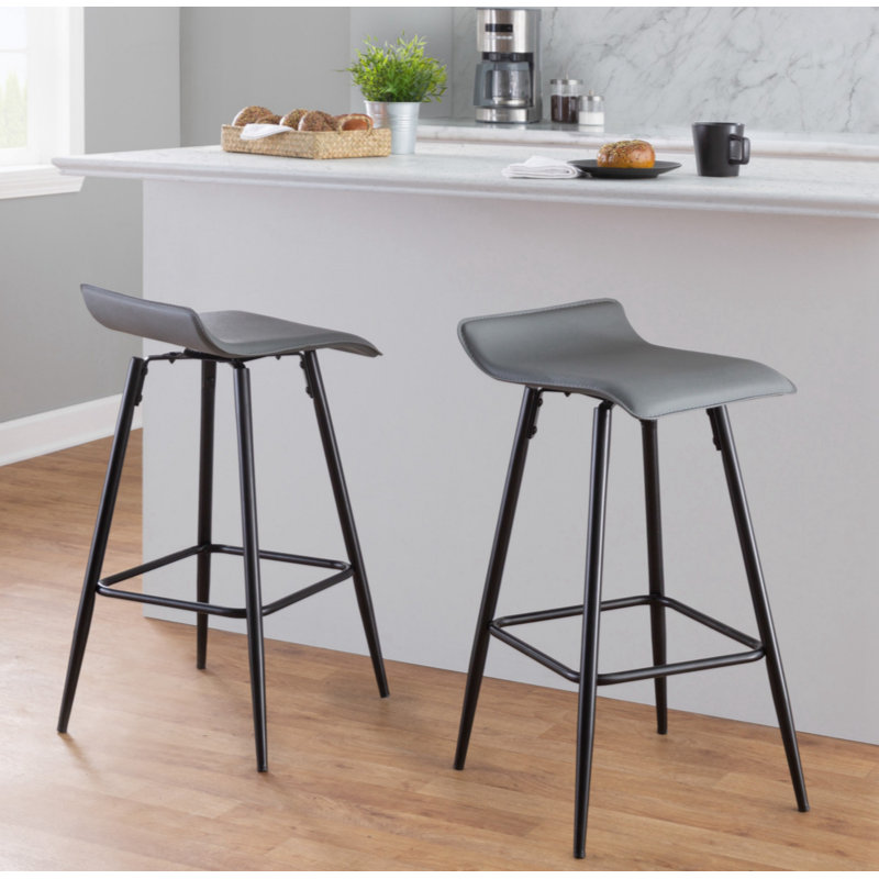 Ale 26" Black Steel and Grey Faux Leather Contemporary Counter Stool - Set of 2
