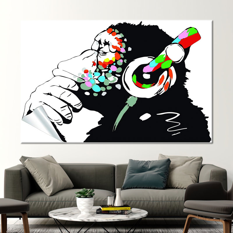 «Banksy Inspired DJ Monkey Graffiti», art mural sur toile pour décoration intérieure moderne, H 10 po x l 14 po, Toile tendue
