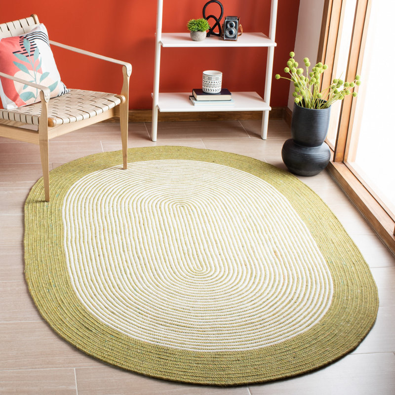 Tapis en laine / coton tissé à la main Mcclure en vert / ivoire, Ovale 4 pi x 6 pi