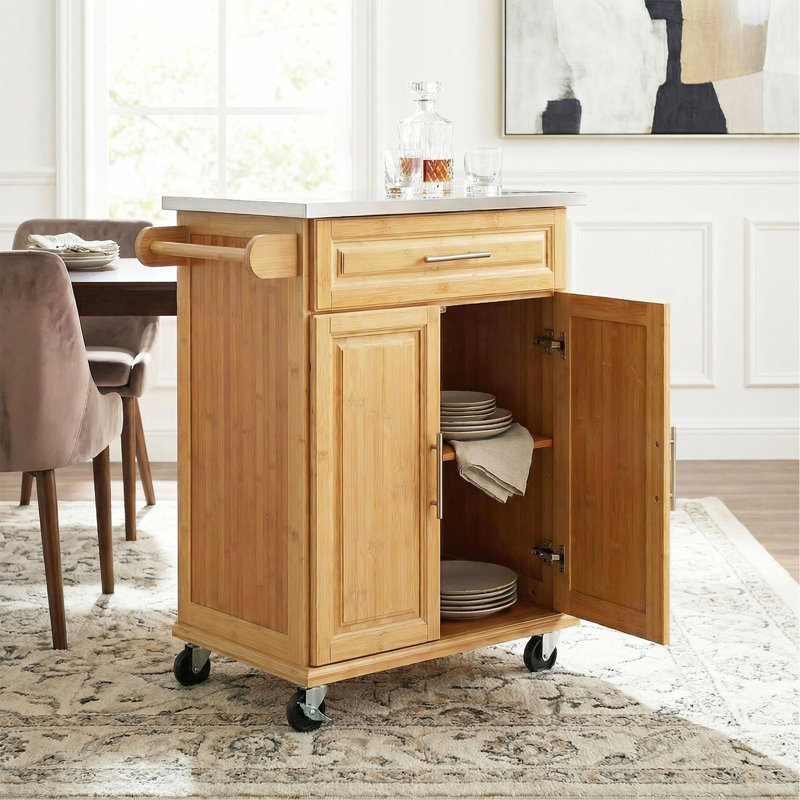 Indoor Compact Bamboo Rolling Kitchen Cart with Stainless Steel Top – Mobile Storage Island with Drawer & Cabinet for Small Spaces