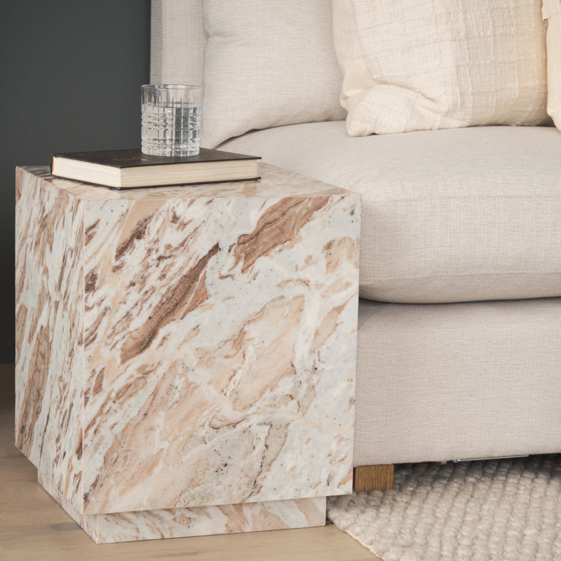 Hatten Matteo Solid Marble Square Side Table, Light Brown/White