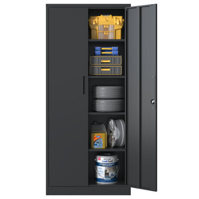 Armoire de rangement 72 po en métal robuste avec serrure - étagère de garage noire