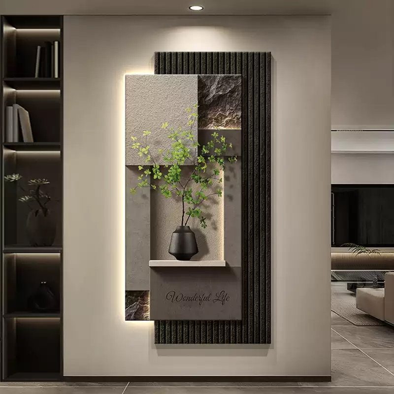 Art mural luxueux à DEL en grès: capteur d'entrée géométrique, Noir / Gris / Vert, H 70,87 po x l 35,43 po x P 3,94 po