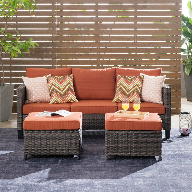 Allcot 3 - Person Wicker Rattan Outdoor Seating Group with Pillows, Cushions and Ottomans, All Weather High Back Conversation Set for Garden Backyard
