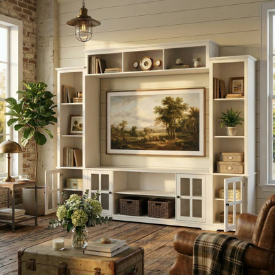 Modern 102'' Entertainment Center With Glass Cabinet Doors And Top Hutch, For Tvs Up To 67"