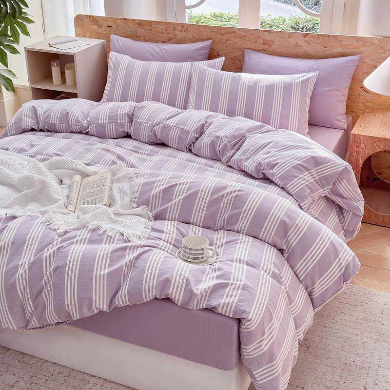 DONEUS Striped Duvet Cover Set 100% Washed Cotton Linen Like Soft Feelling 3 Pieces Bedding Set, Light Purple/White