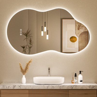 Grand miroir de salle de bain à DEL, forme de nuage ondulé irrégulier, lumière rétro-éclairée, brouillard An-ti, intensité variable