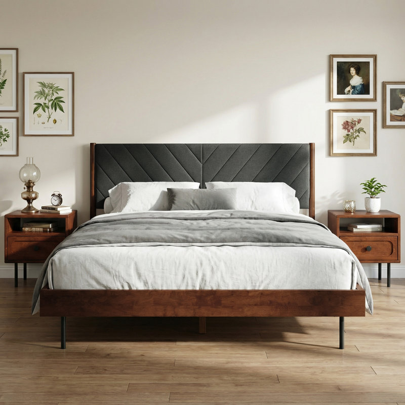  Acacia Savana Solid Wood Nightstand with Open Shelf and Metal Legs, Mid-Century Modern 1-Drawer Nightstand Assembly Tools Included