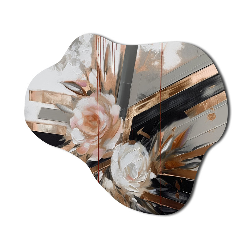 Rose Gold Linear Floral Elegance III - Asymmetrical Floral Metal Art, Unique Shape Metal Wall Sculpture Print