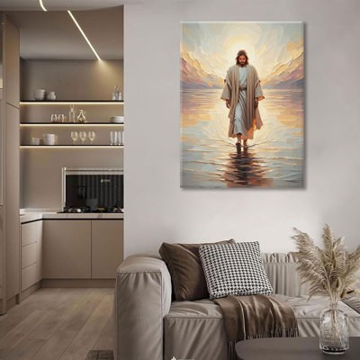 Tableau mural Jésus marchant sur l'eau, toile, décoration chrétienne, image dorée, peinture de la Marche du Christ, impression de Dieu, affiche de la Miséricorde Divine pour salle de prière, maison, bureau, église, 61 x 91 cm (encadré)