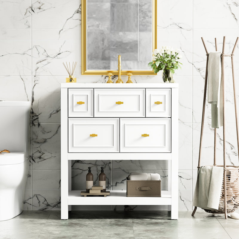 Lavabo de salle de bain moderne en céramique 30 po - structure en bois massif, 5 tiroirs, meuble-lavabo blanc, style