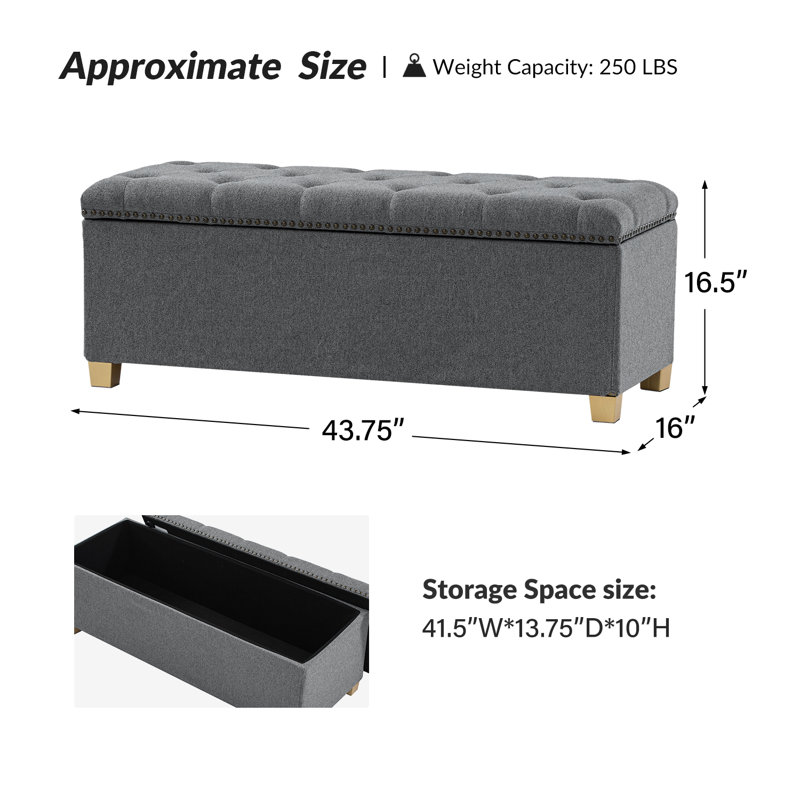 Lauris 43.75'' W Modern Storage Bench with Removable Cover and Nailhead Trim, Gray
