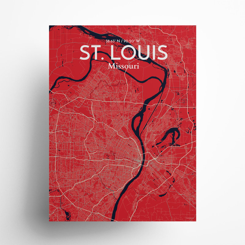St. Louis City Map, impression, H 24 po x l 18 po, Rouge / Bleu marine