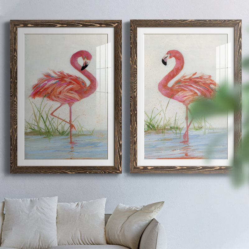 Flamingo I - ensemble de 2 peintures, H 24 po x l 36 po, Papier dans un cadre photo, Noyer