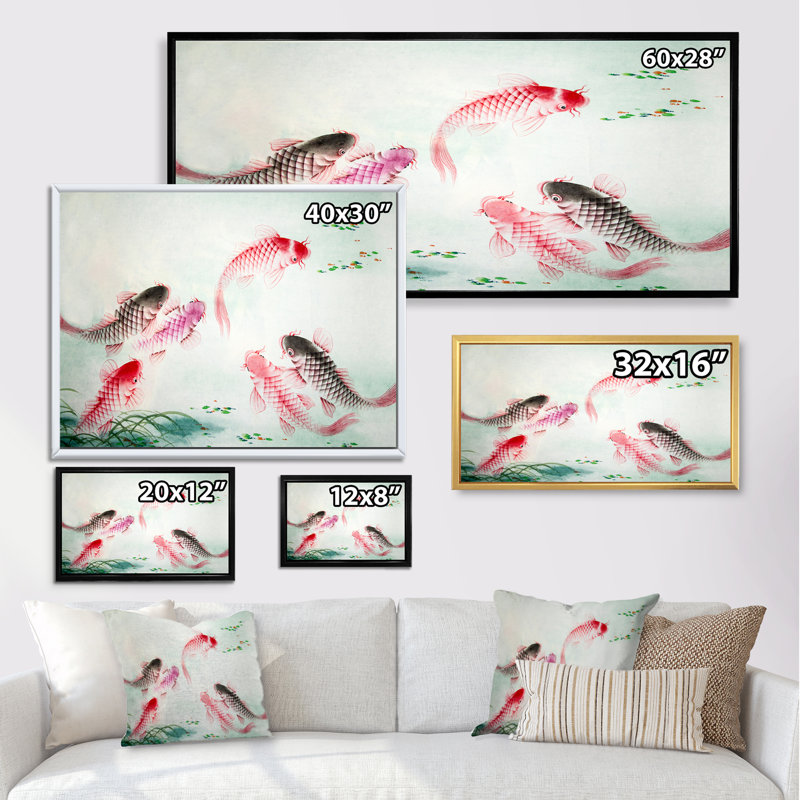Peinture chinoise de la carpe - Peinture sur toile, H 16 po x l 32 po x P 1 po, Cadre blanc