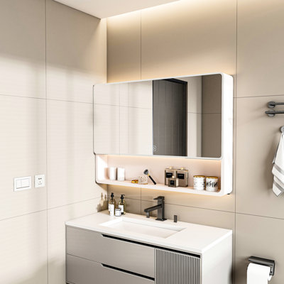 Armoire de toilette en aluminium pour salle de bain, 35 po x 28 po, 3 couleurs à DEL, désembuage, boîte à cosmétiques, support pour sèche-cheveux, armoire kaki pour salle de bain, avec couleurs, plateau, surface,