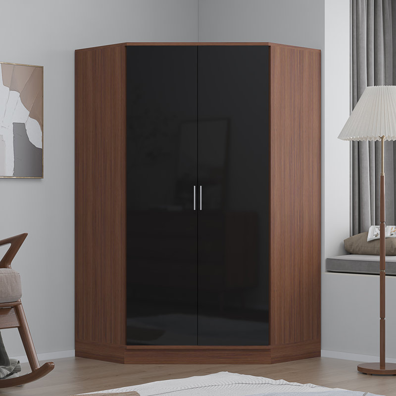 Eva High Gloss 2 Door Corner Wardrobe - H: 180cm x D: 103cm x W: 103cm , Walnut/Gloss Black