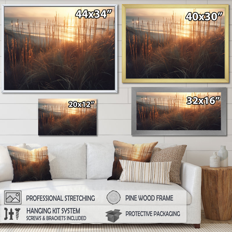 «Ocean Summer Bliss Sunset Beach Grass Waving I», reproduction sur toile, H 24 po x l 32 po x P 1 po, Cadre flottant doré