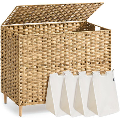 4‑Section PE Rattan Laundry Hamper with Lid, Goose Yellow, 210L (55.5Gal), Removable Liner, Storage Organizer for Bedroom & Living Room