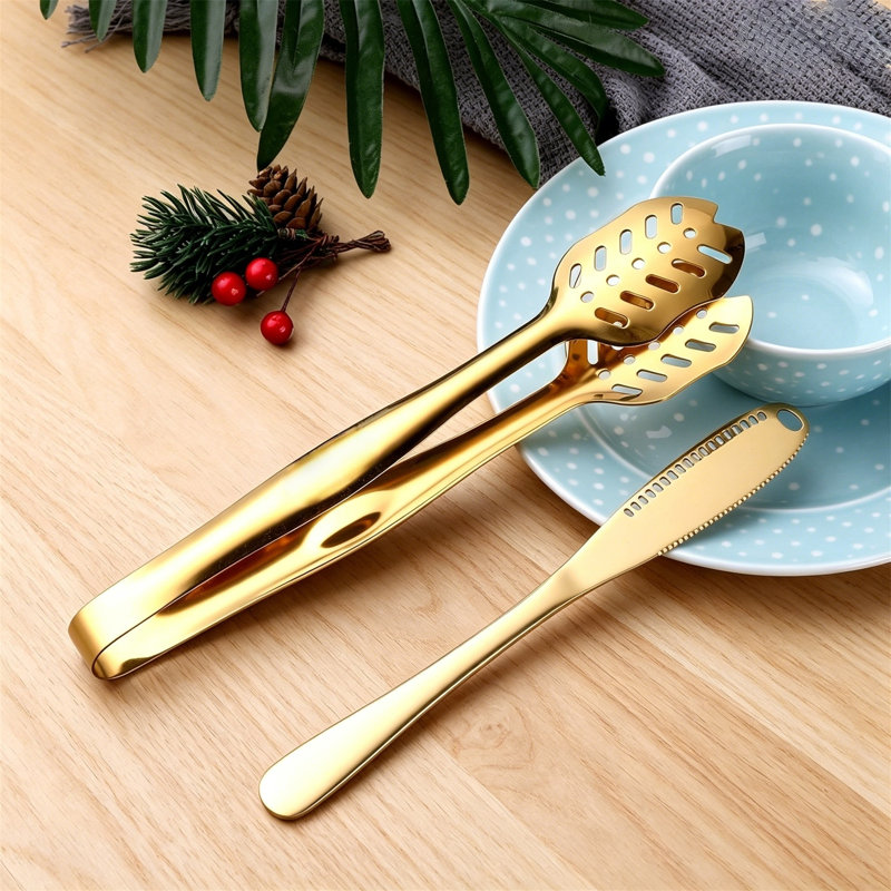 Ensemble d'ustensiles de service 8 pièces en acier inoxydable doré poli avec cuillères, fourchette, louche, pinces, plat à gâteau