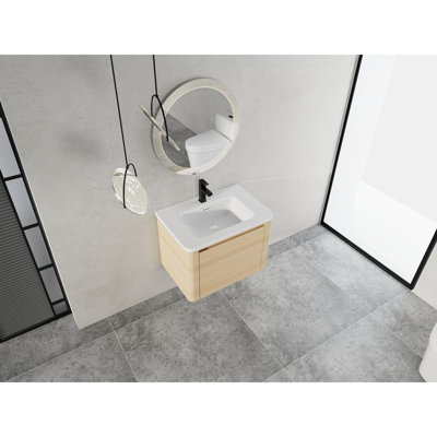 Meuble-lavabo mural 28 po avec lavabo en céramique blanche et 1 porte à fermeture en douceur, chêne blanc américain, emballage KD