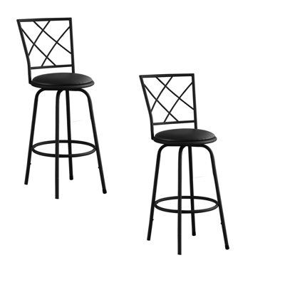 Gen Swivel Barstool Chair Set Of 2, Criss Cross Back, Black Metal Frame by Benjara
