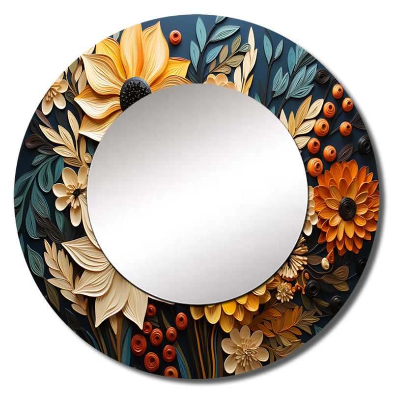 Abstrait tournesols symphoniques - miroir mural décoratif tournesols, miroir rond jaune, impression d'art en métal