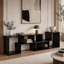 Meuble télé moderne en bois aggloméré noir, console multimédia extensible et personnalisable, centre de divertissement à combinaison libre avec tablettes de rangement ouvertes pour le salon, la chambre à coucher et le bureau