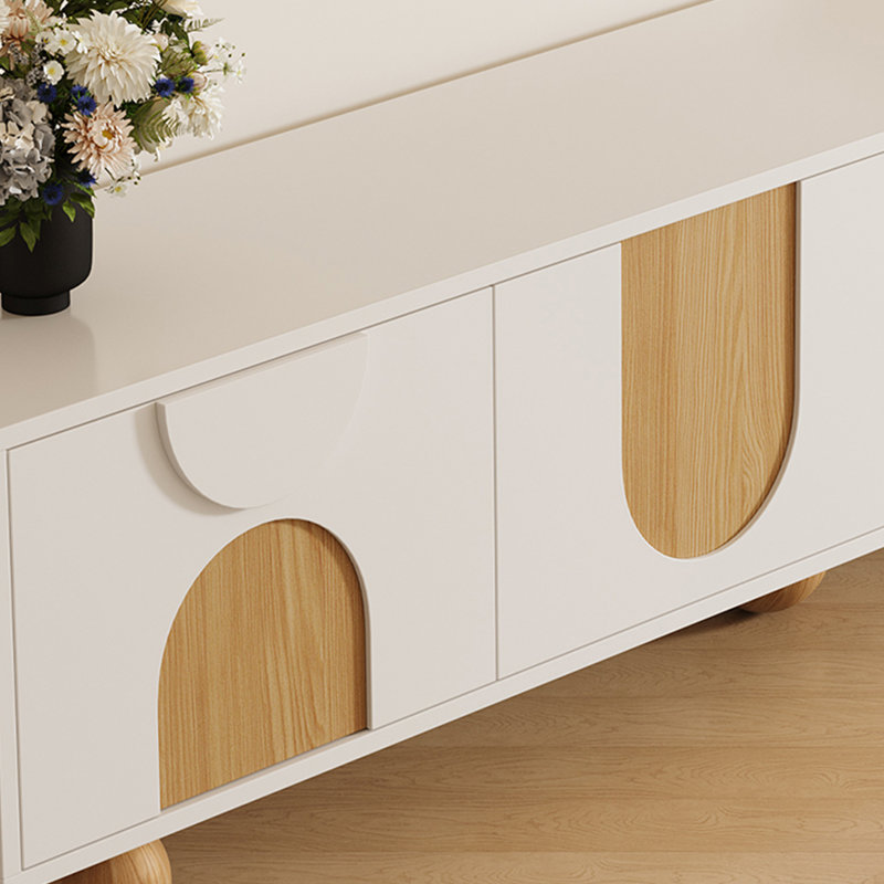 78.7'' Storage TV Stand, Modern Beige and Wood Cabniet, Cable Management – Modern Entertainment Center with Five Wood Balls, Cream Style