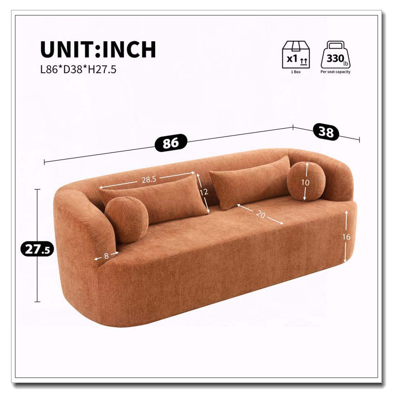 Canapé rembourré avec coussins 86 po Chenille, Orange
