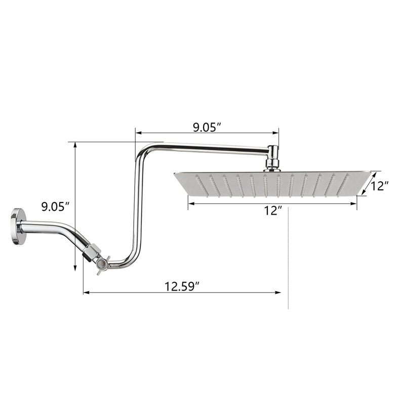 Pomme de douche 12 po avec bras d'extension réglable - acier inoxydable, technologie Air-In, fabrication de salle de bain, buses autonettoyantes, débit de 2 GPM