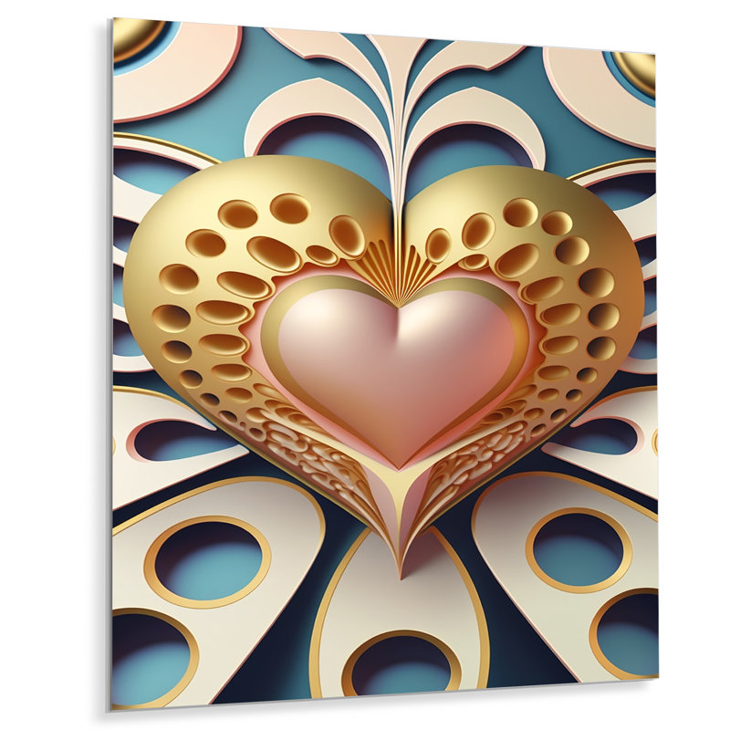 Cœur en or contemporain brillant III - décoration murale abstraite romantique en métal - MT81333, H 32 po x l 16 po x P 1 po