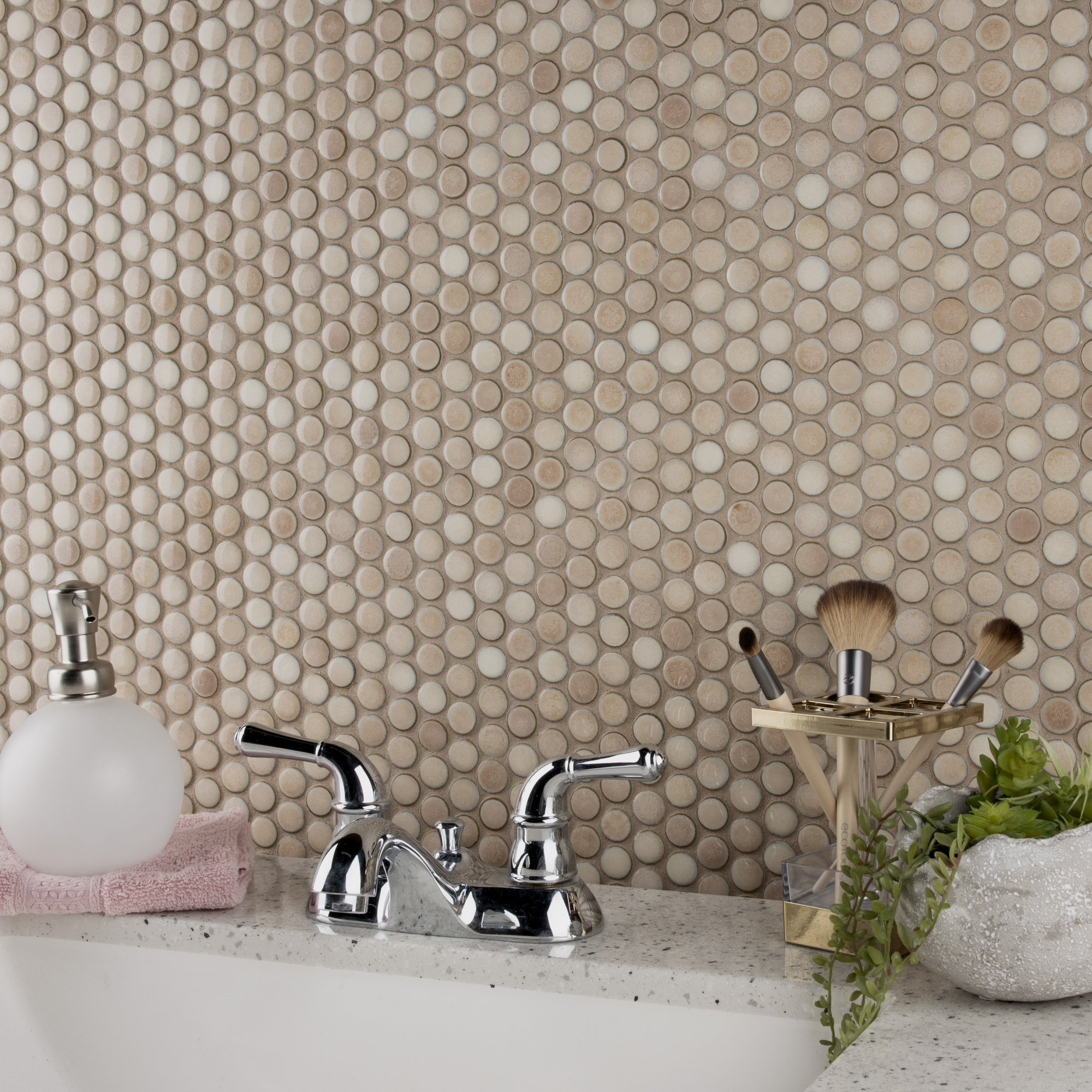 Hudson Penny Round 11-7/8 " x 12-5/8 " Porcelain Mosaic Floor and Wall Tile, Truffle