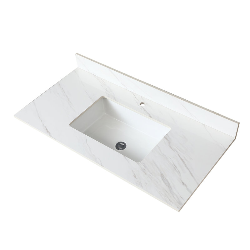 Comptoir de meuble-lavabo en pierre frittée blanche 43 po - avec trous pré-percés pour robinet et dosseret encastrable de 4 po de hauteur