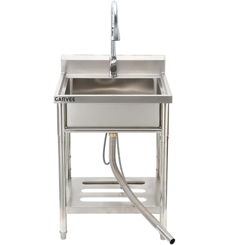 Évier utilitaire autoportant en acier inoxydable avec robinet escamotable chaud et froid, évier à lessive de grande capacité avec tablette de rangement et ensemble de drain pour la cuisine de garage