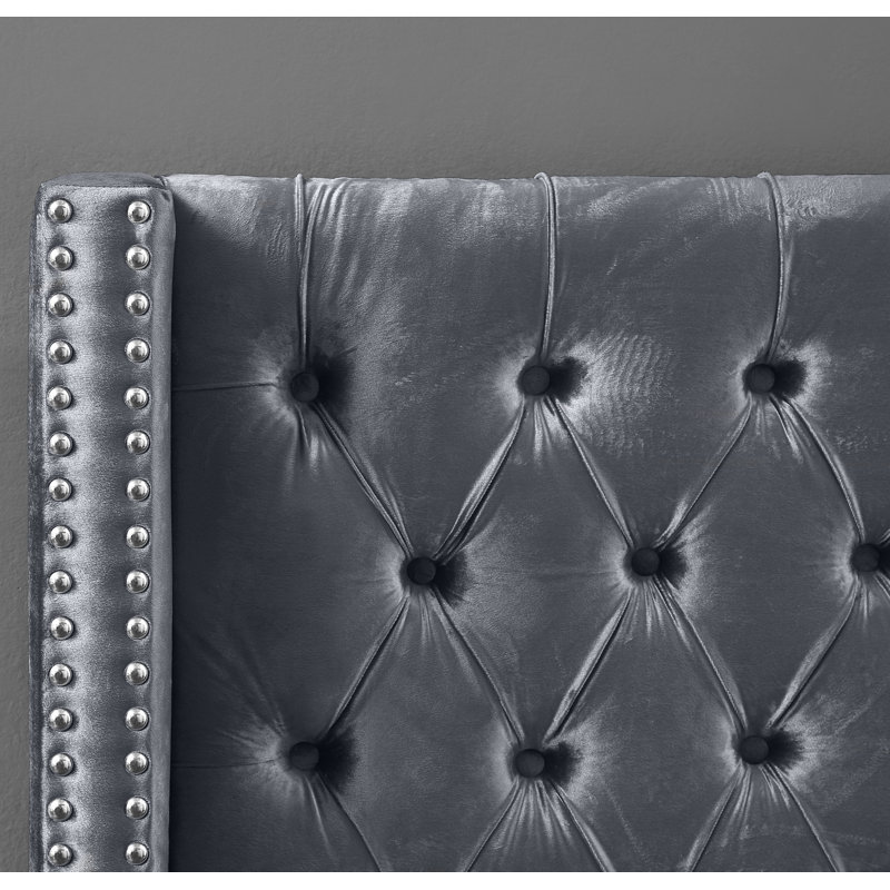 Joclynn Upholstered Wingback Bed, Full, Grey Velvet, Chrome