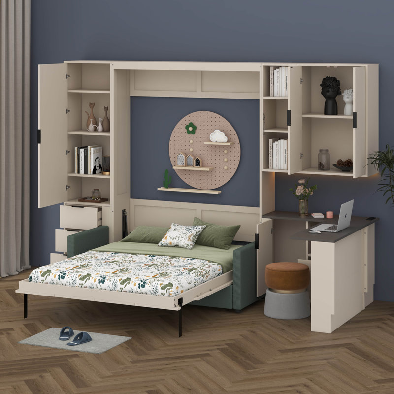 Grand lit escamotable pliable grand format avec canapé et bureau, armoire murale avec rangement hydraulique, tablettes et tiroirs, éclairage DEL / USB