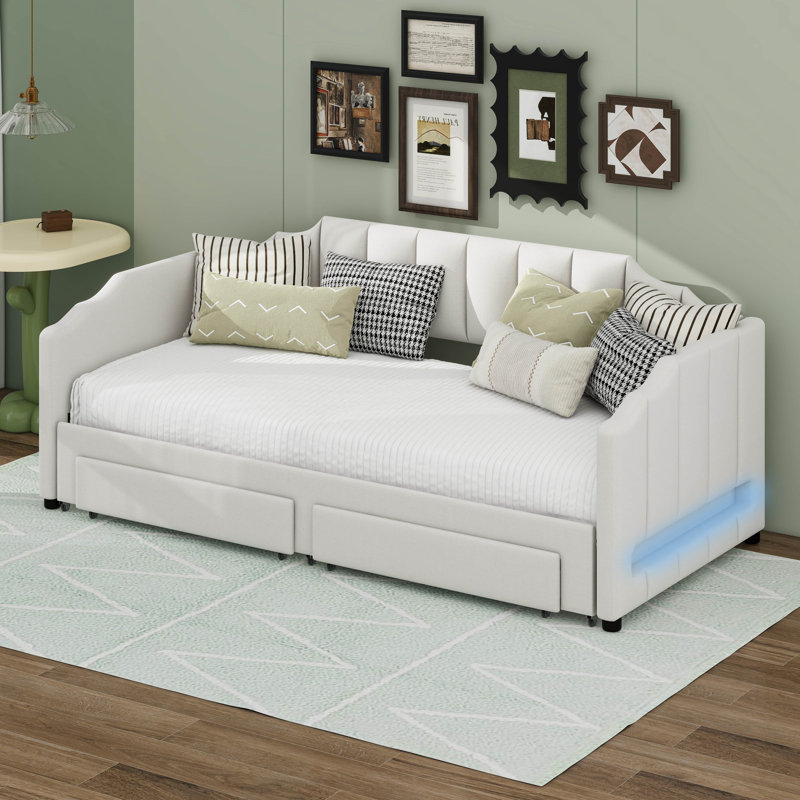 Twin XL Daybed With Storage Drawers & Trundle, Upholstered Extendable Daybed With LED Lights, Beige