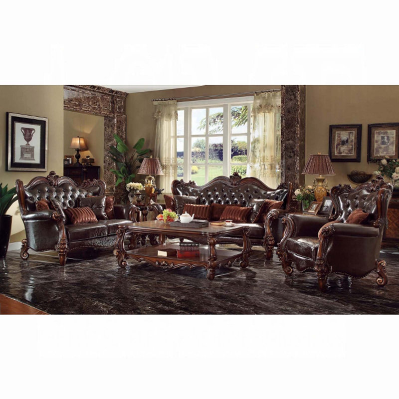 Versailles Upholstered Loveseat, Dark Brown Faux Leather , Cherry Oak