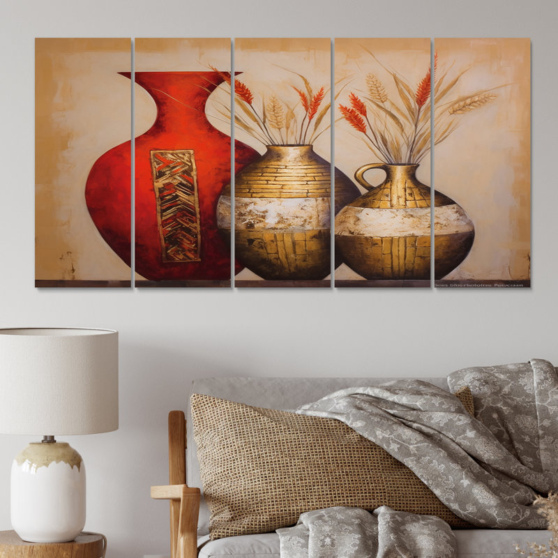 Nature morte, vase rouge avec fleurs de blé - impression d'art mural Boho Pottery - 5 panneaux égaux