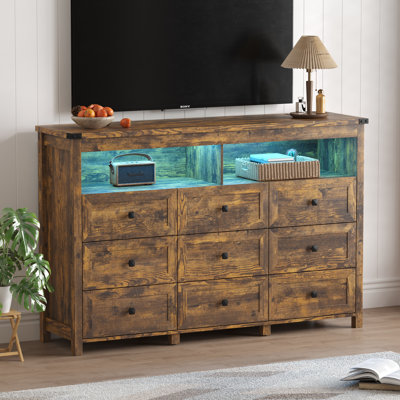 Commode 9 tiroirs 59 po avec éclairage à DEL et prise de courant, commode double en bois pour chambre à coucher, salon