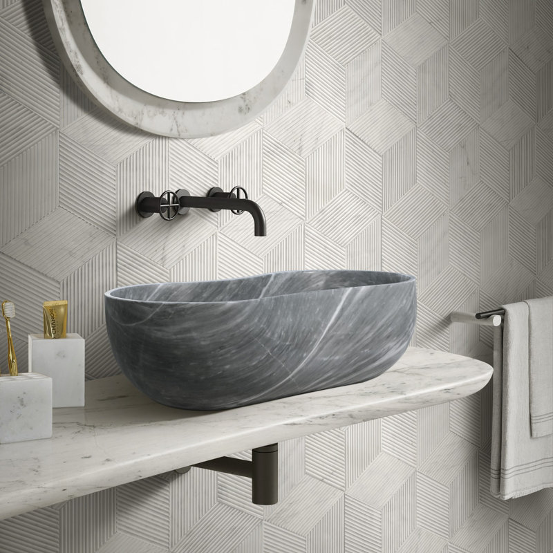 Carrara Gray Natural Marble Bathroom Vessel Sink with Semi-Polished Finish and Wavy Design for Countertop Installation, Measuring 23.6x14.2x7.1 Inches