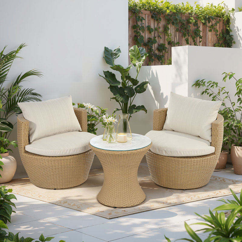 Wicker 2 - Person Patio Conversation Sets with Cushions, Beige Cushion/Ligth Brown Frame
