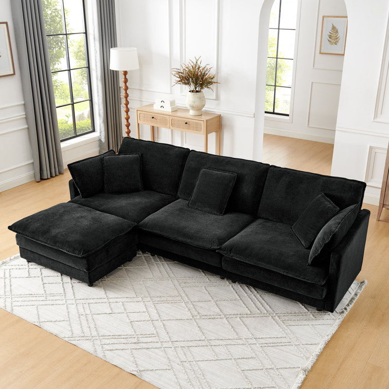 Canapé modulaire en L avec repose-pieds et canapé convertible surdimensionné pour 4 personnes Modern Home Living, Tissu noir