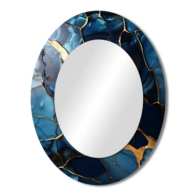 Or et saphir bleu mosaïque de marbre V - miroir mural ovale moderne doré, H 43 po x l 33 po